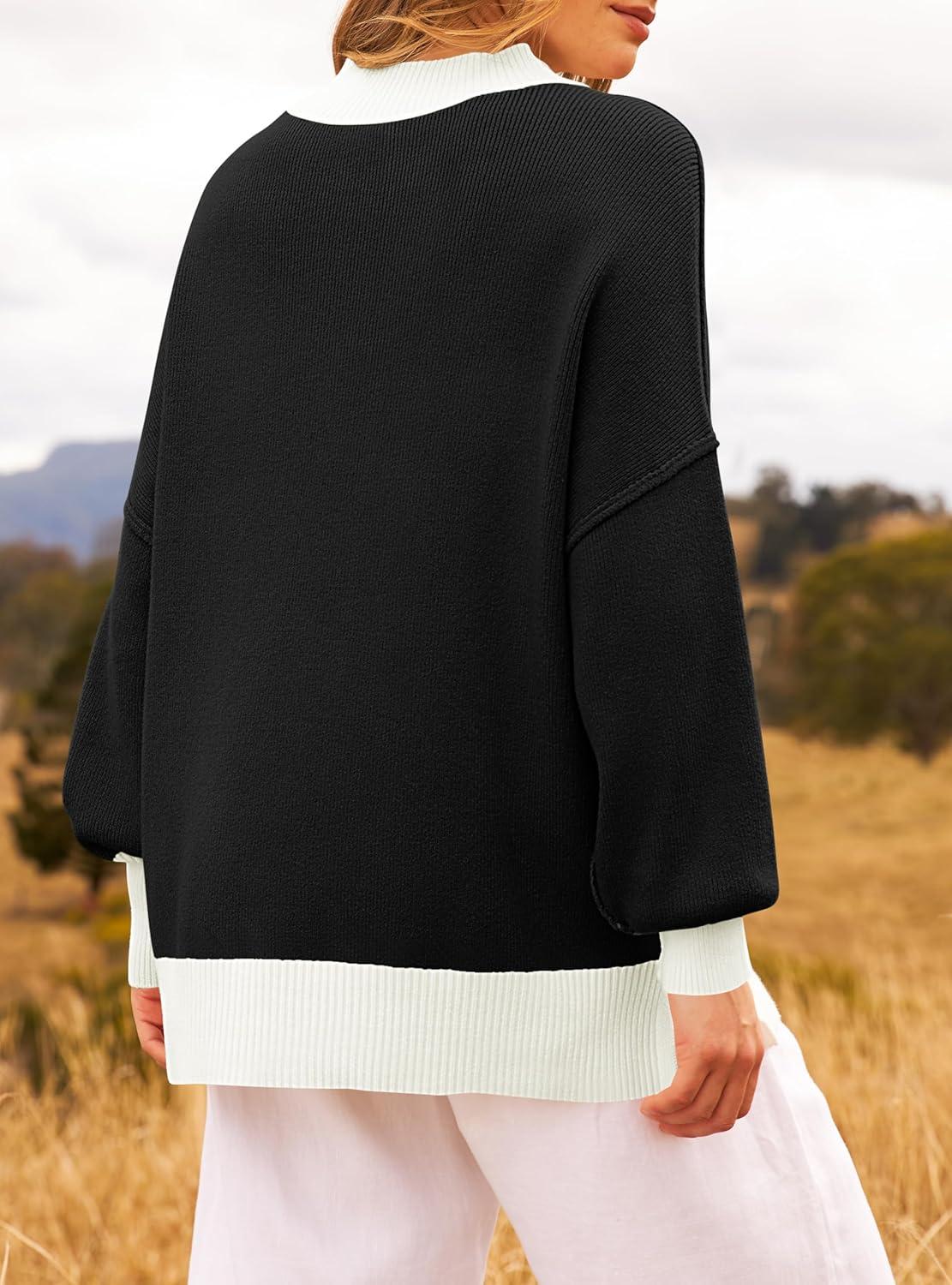 imageZESICA Womens Fall 2025 Oversized Sweaters Long Sleeve Color Block Mock Neck Side Slit Comfy Loose Knitted Pullover TopsDim