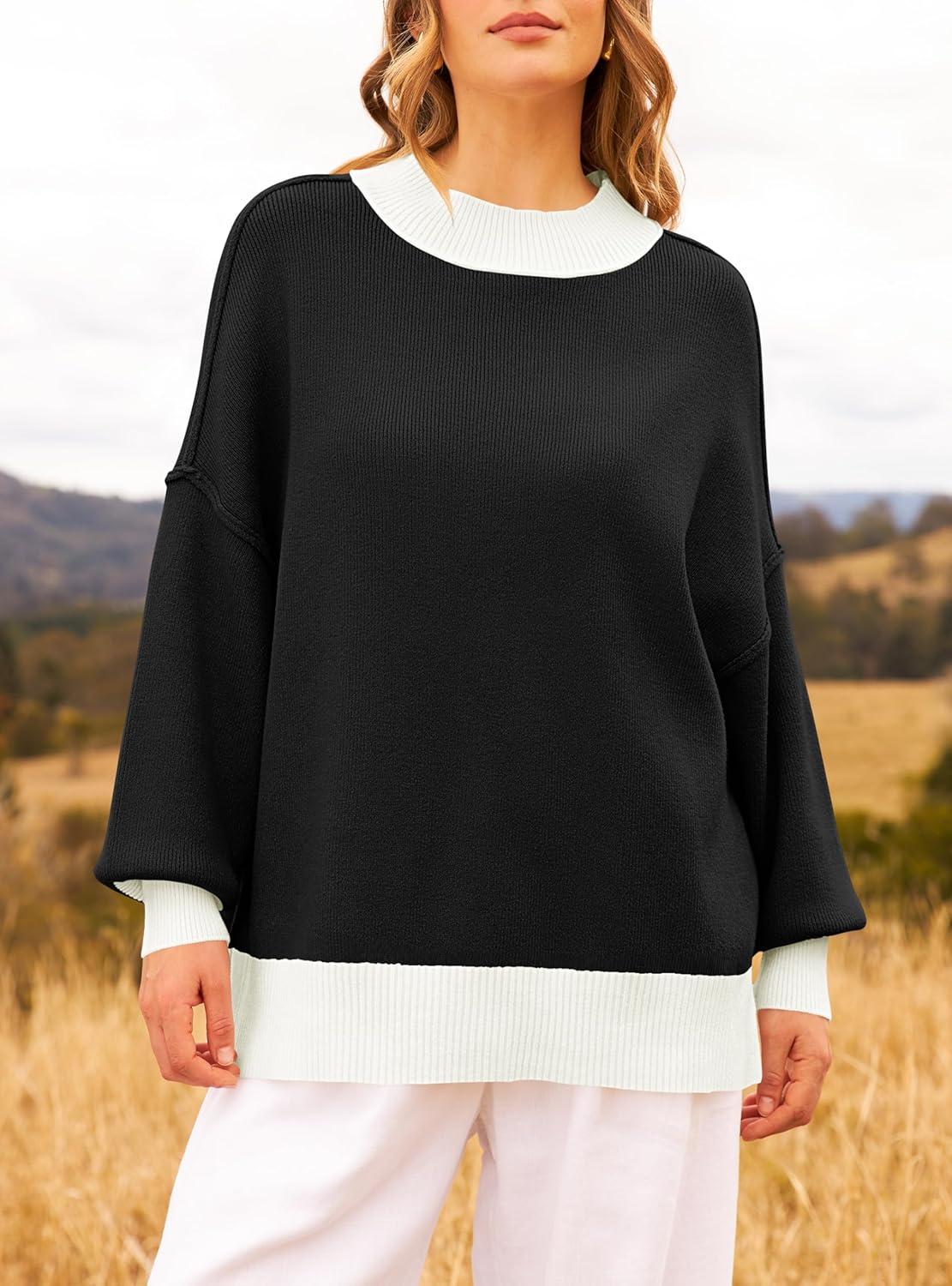 imageZESICA Womens Fall 2025 Oversized Sweaters Long Sleeve Color Block Mock Neck Side Slit Comfy Loose Knitted Pullover TopsDim