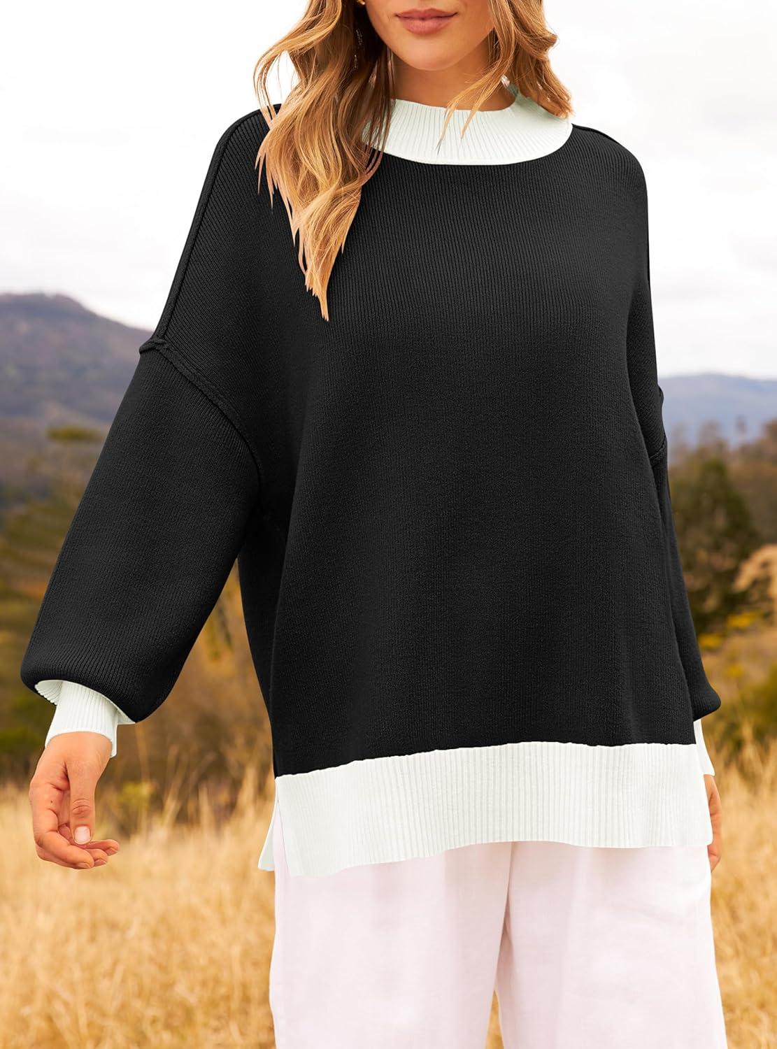 imageZESICA Womens Fall 2025 Oversized Sweaters Long Sleeve Color Block Mock Neck Side Slit Comfy Loose Knitted Pullover TopsDim