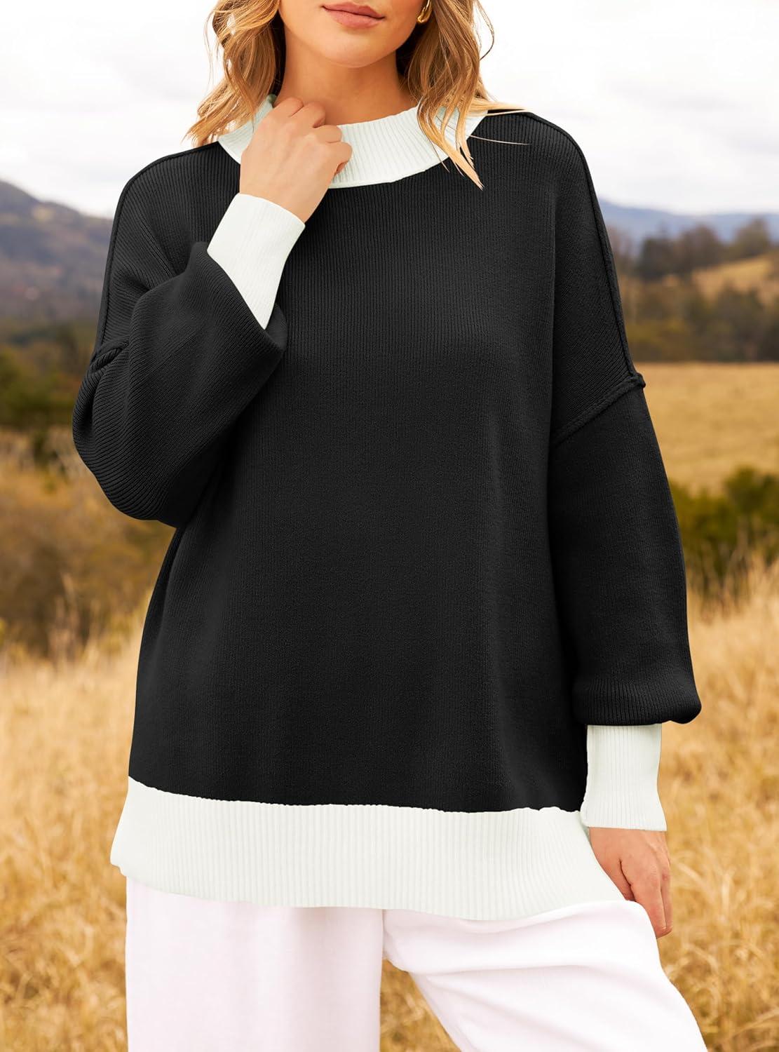 imageZESICA Womens Fall 2025 Oversized Sweaters Long Sleeve Color Block Mock Neck Side Slit Comfy Loose Knitted Pullover TopsDim