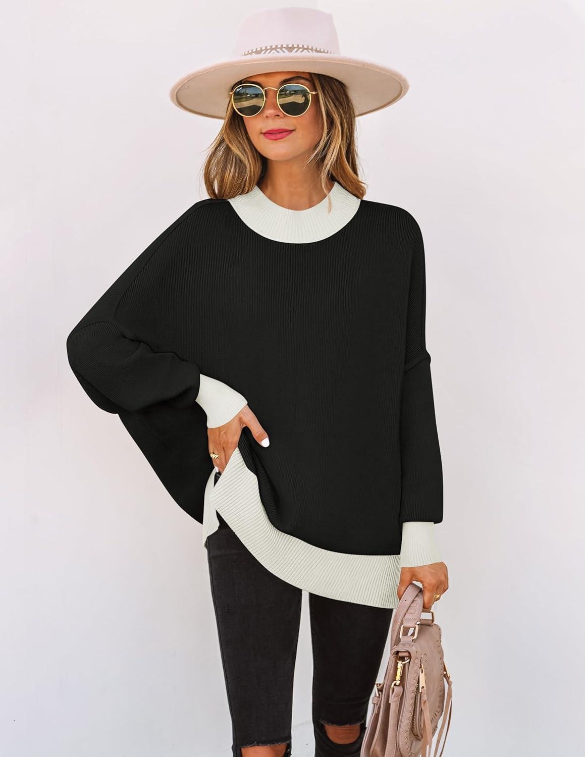 imageZESICA Womens Fall 2025 Oversized Sweaters Long Sleeve Color Block Mock Neck Side Slit Comfy Loose Knitted Pullover TopsDim