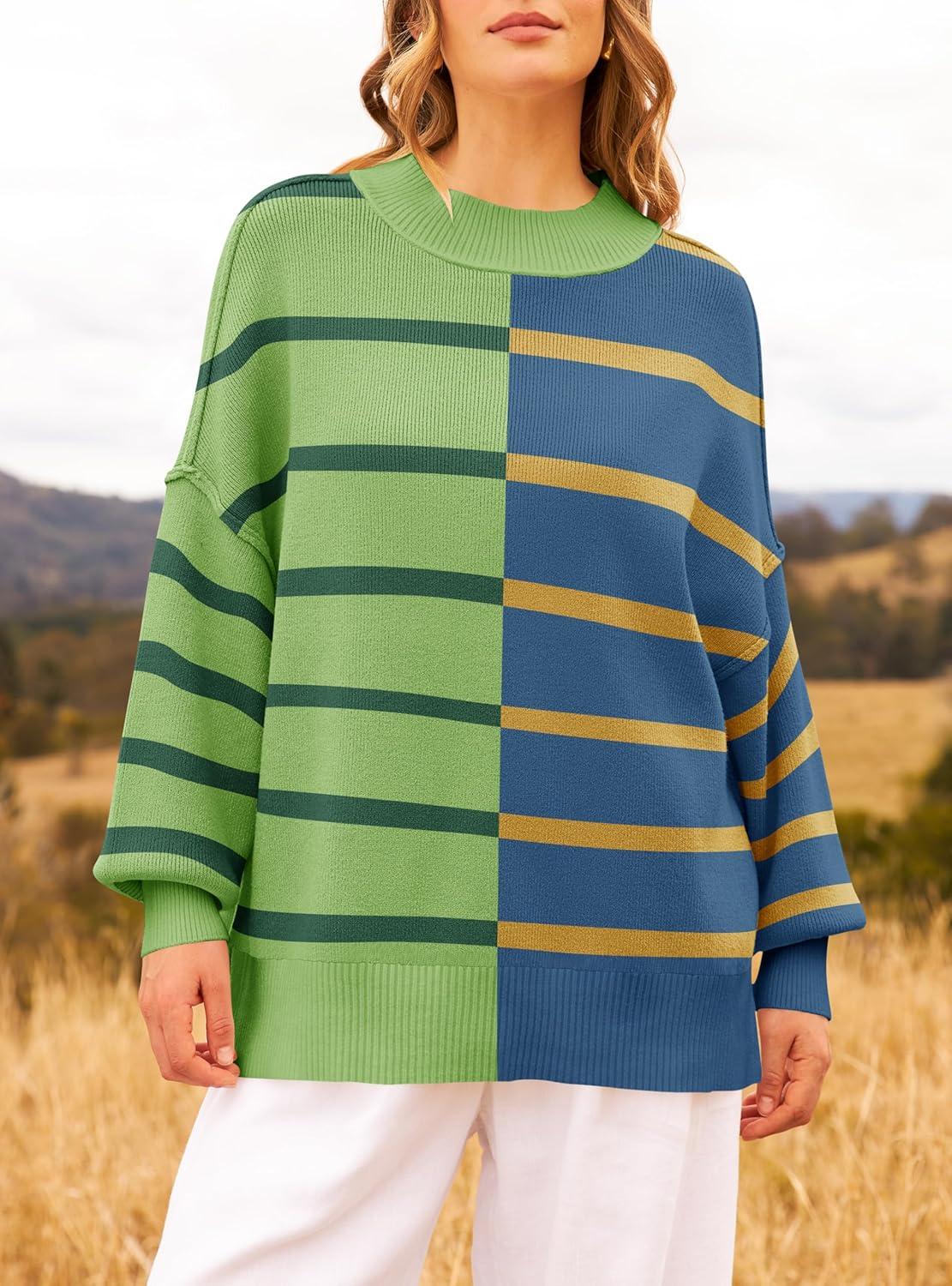 imageZESICA Womens Fall 2025 Oversized Sweaters Long Sleeve Color Block Mock Neck Side Slit Comfy Loose Knitted Pullover TopsGrass Green