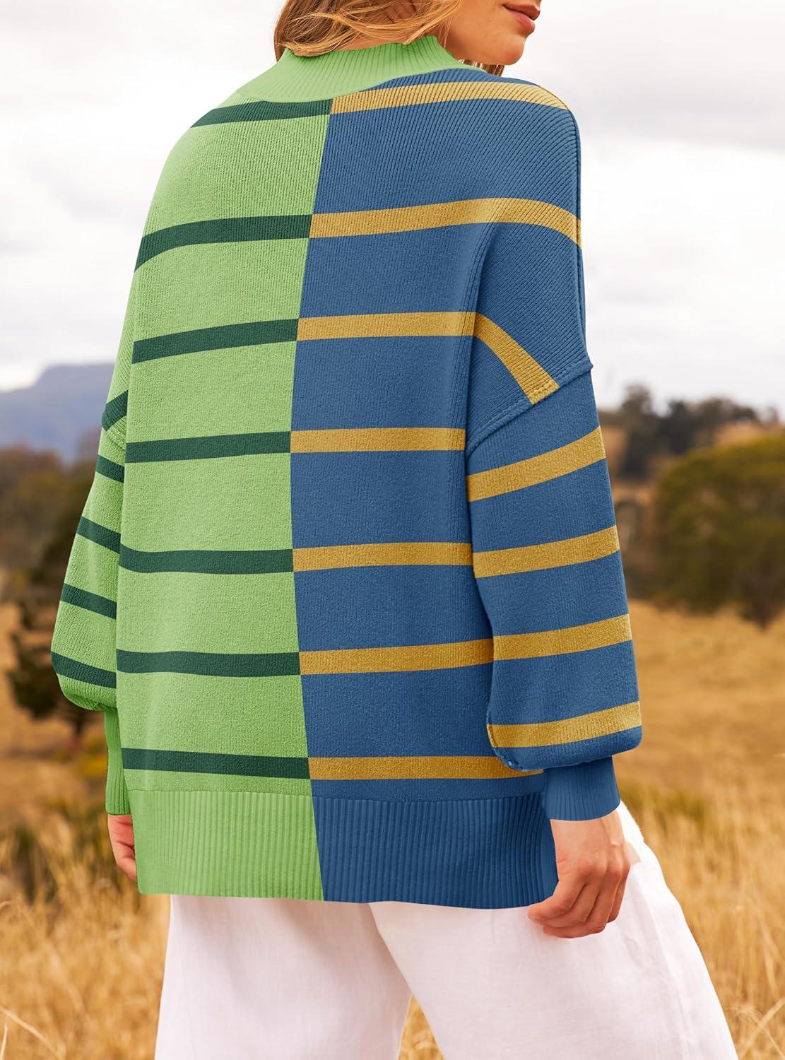 imageZESICA Womens Fall 2025 Oversized Sweaters Long Sleeve Color Block Mock Neck Side Slit Comfy Loose Knitted Pullover TopsGrass Green