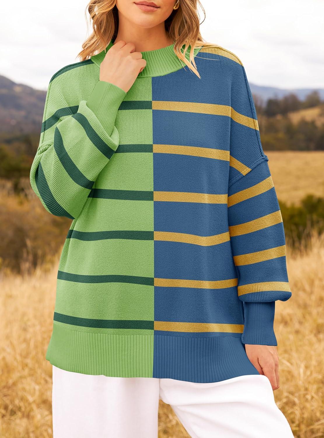 imageZESICA Womens Fall 2025 Oversized Sweaters Long Sleeve Color Block Mock Neck Side Slit Comfy Loose Knitted Pullover TopsGrass Green