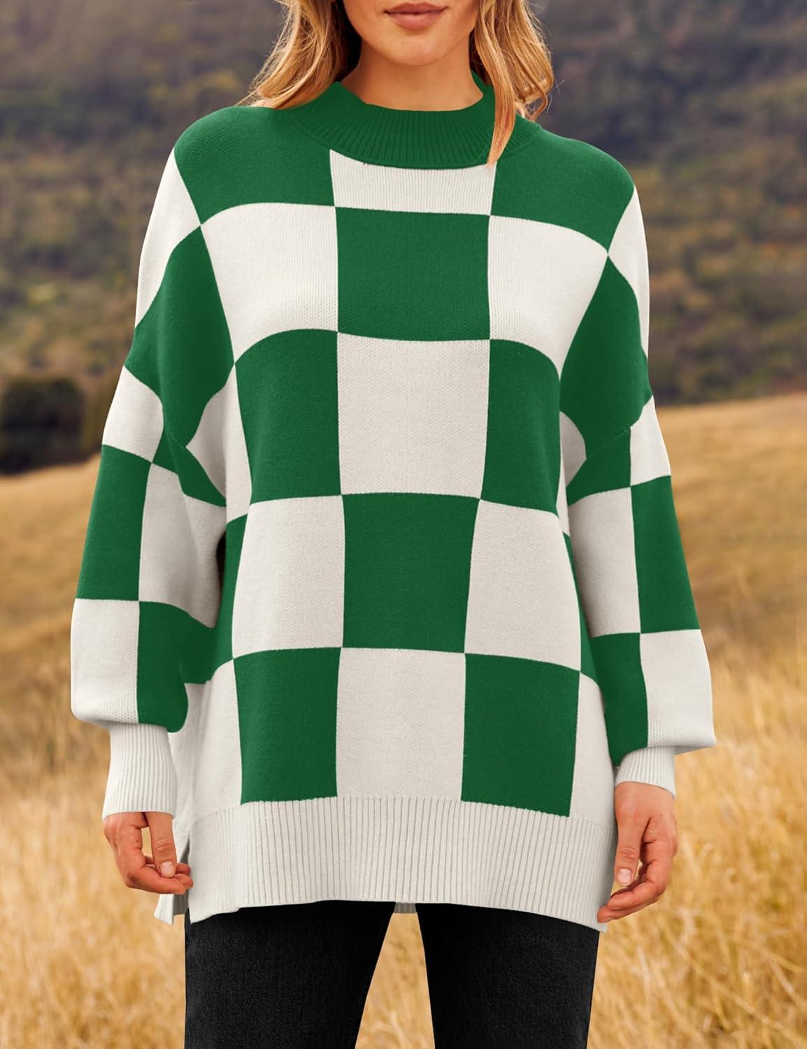 imageZESICA Womens Fall 2025 Oversized Sweaters Long Sleeve Color Block Mock Neck Side Slit Comfy Loose Knitted Pullover TopsGreen