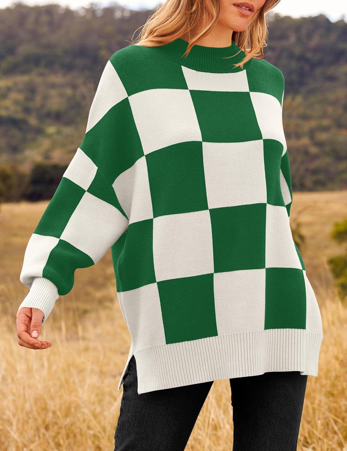 imageZESICA Womens Fall 2025 Oversized Sweaters Long Sleeve Color Block Mock Neck Side Slit Comfy Loose Knitted Pullover TopsGreen