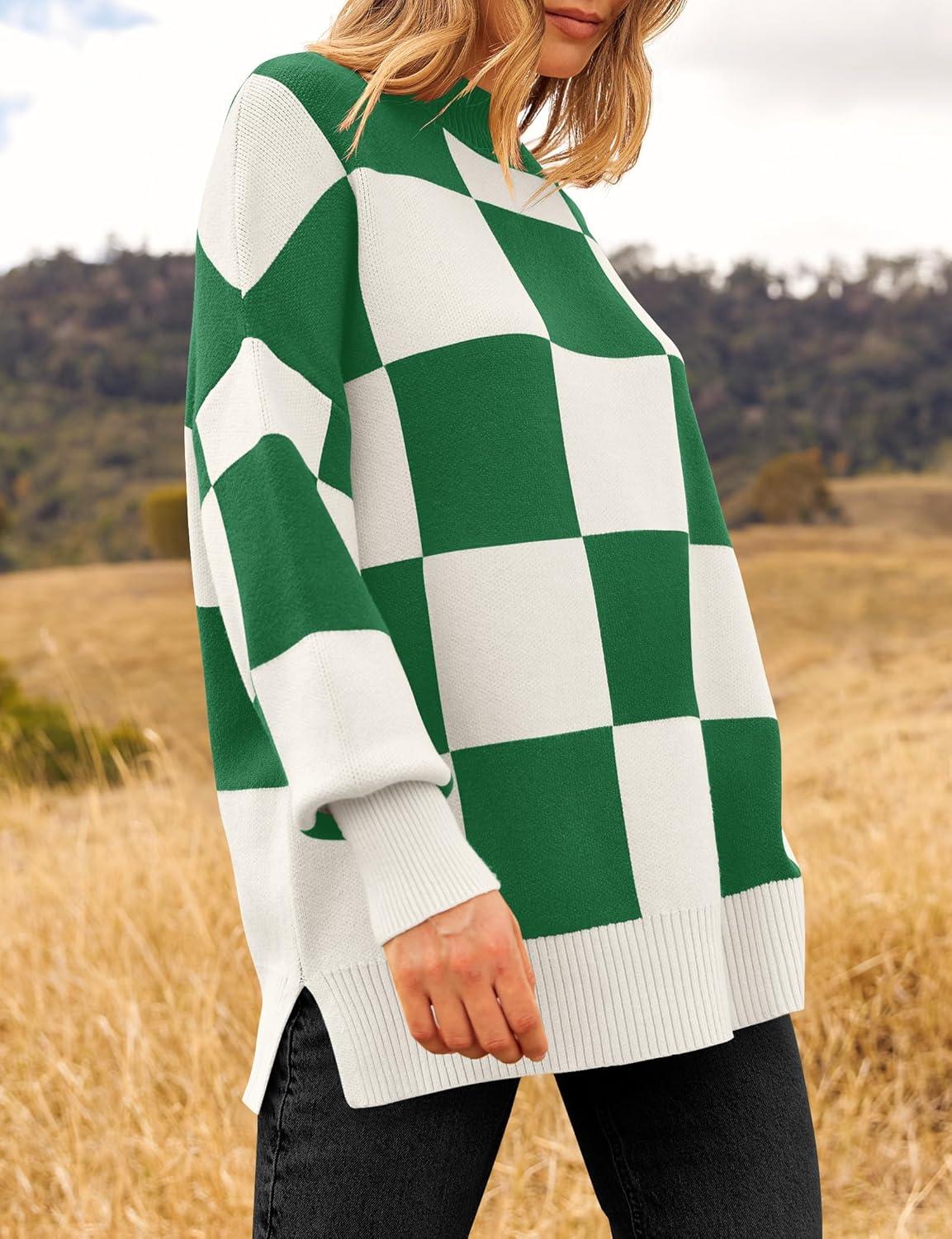 imageZESICA Womens Fall 2025 Oversized Sweaters Long Sleeve Color Block Mock Neck Side Slit Comfy Loose Knitted Pullover TopsGreen