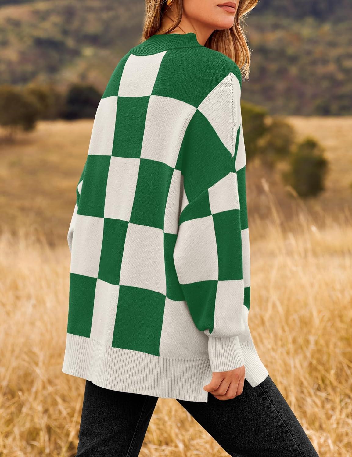 imageZESICA Womens Fall 2025 Oversized Sweaters Long Sleeve Color Block Mock Neck Side Slit Comfy Loose Knitted Pullover TopsGreen