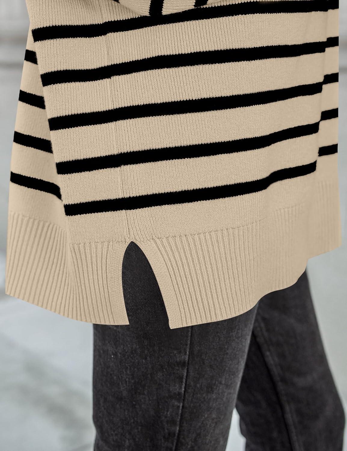 imageZESICA Womens Fall 2025 Oversized Sweaters Long Sleeve Color Block Mock Neck Side Slit Comfy Loose Knitted Pullover TopsKhaki