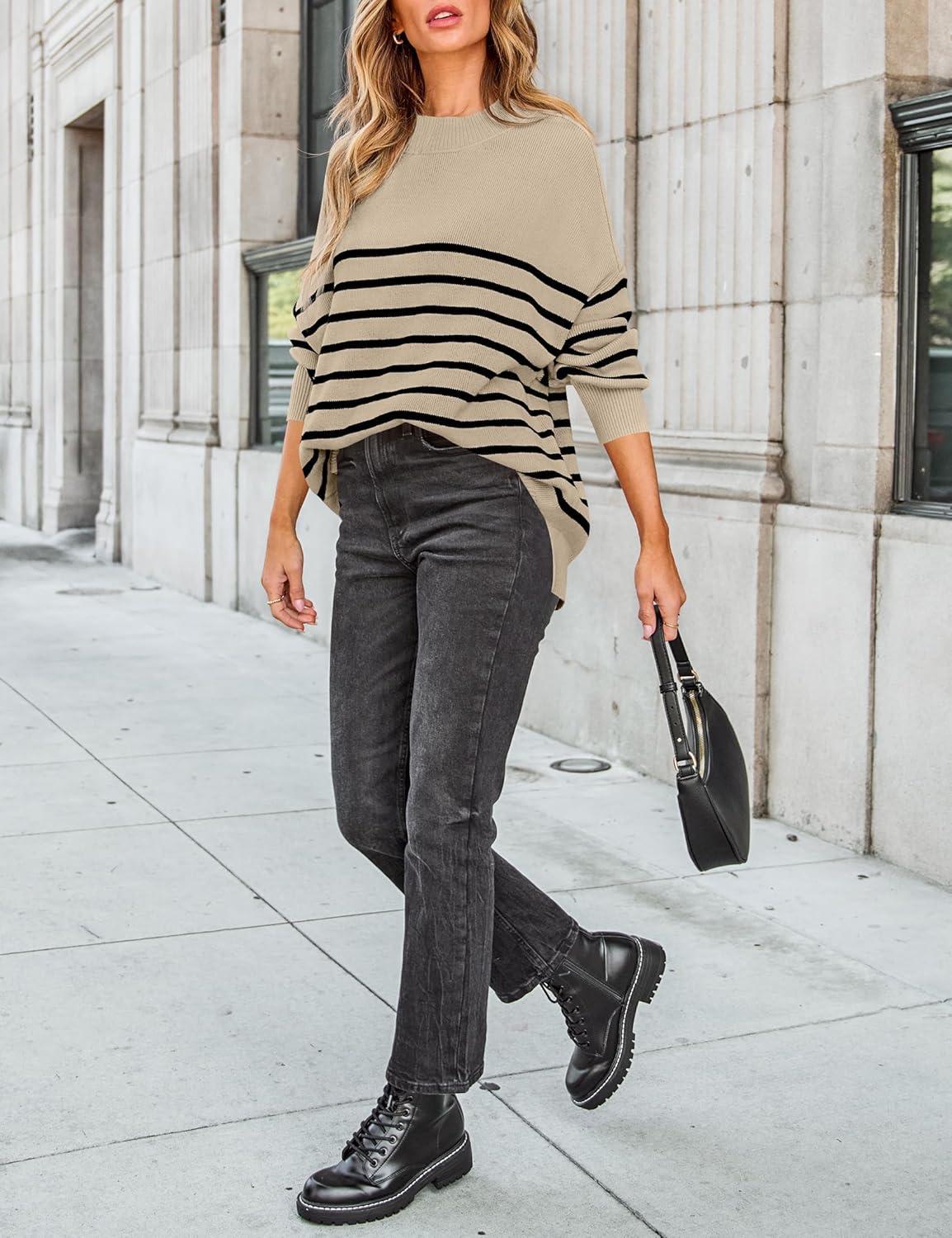 imageZESICA Womens Fall 2025 Oversized Sweaters Long Sleeve Color Block Mock Neck Side Slit Comfy Loose Knitted Pullover TopsKhaki