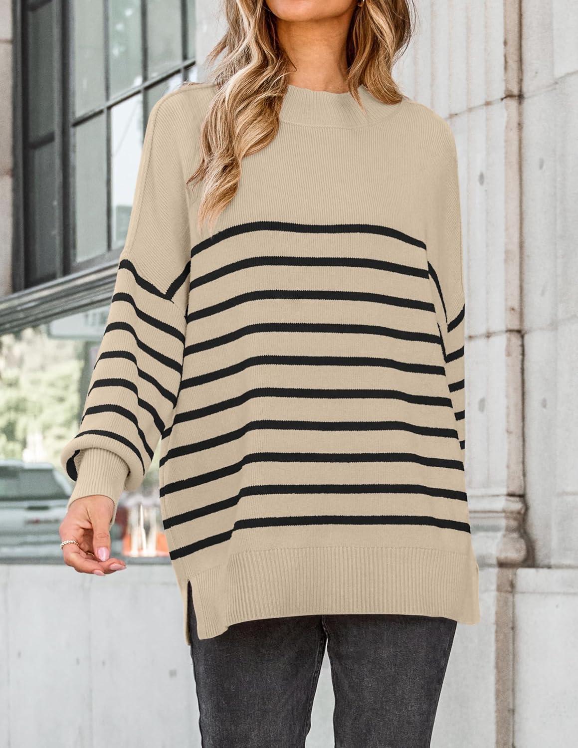imageZESICA Womens Fall 2025 Oversized Sweaters Long Sleeve Color Block Mock Neck Side Slit Comfy Loose Knitted Pullover TopsKhaki