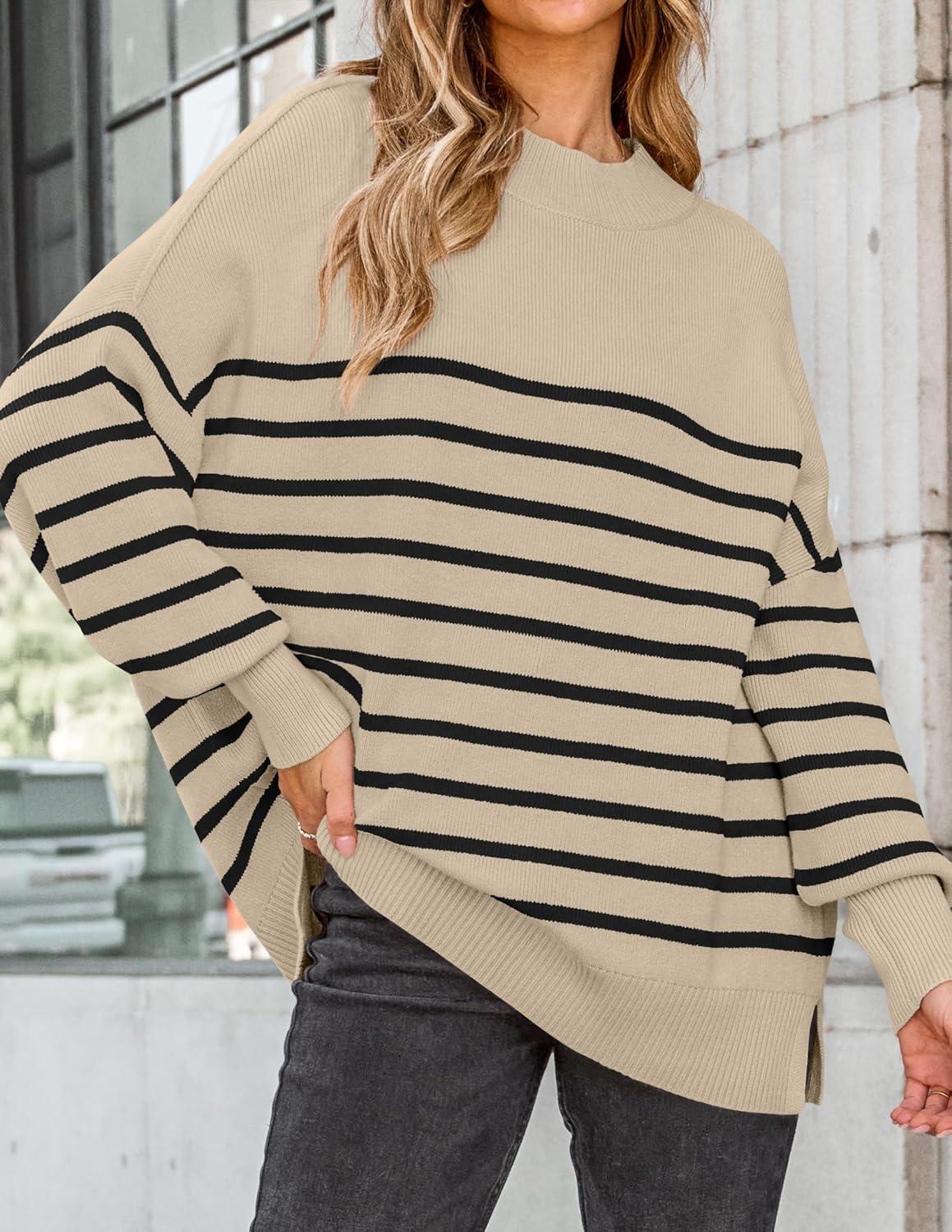 imageZESICA Womens Fall 2025 Oversized Sweaters Long Sleeve Color Block Mock Neck Side Slit Comfy Loose Knitted Pullover TopsKhaki