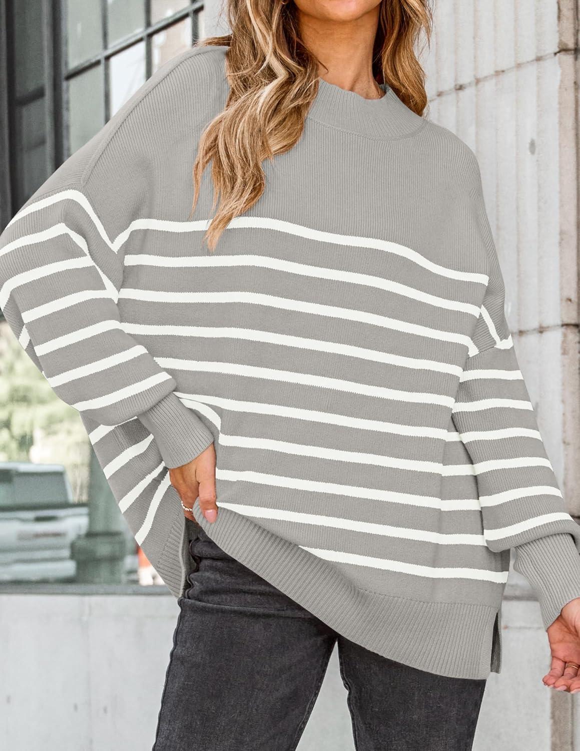 imageZESICA Womens Fall 2025 Oversized Sweaters Long Sleeve Color Block Mock Neck Side Slit Comfy Loose Knitted Pullover TopsLight Grey