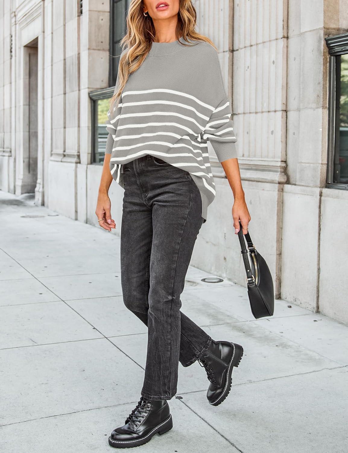 imageZESICA Womens Fall 2025 Oversized Sweaters Long Sleeve Color Block Mock Neck Side Slit Comfy Loose Knitted Pullover TopsLight Grey