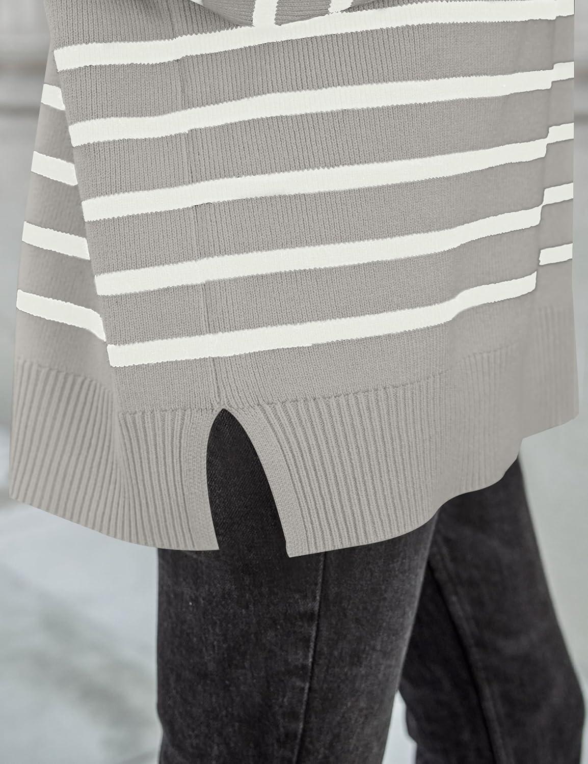 imageZESICA Womens Fall 2025 Oversized Sweaters Long Sleeve Color Block Mock Neck Side Slit Comfy Loose Knitted Pullover TopsLight Grey