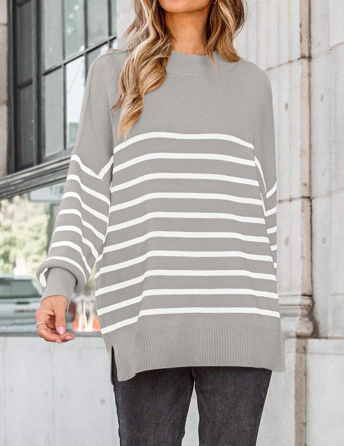 imageZESICA Womens Fall 2025 Oversized Sweaters Long Sleeve Color Block Mock Neck Side Slit Comfy Loose Knitted Pullover TopsLight Grey