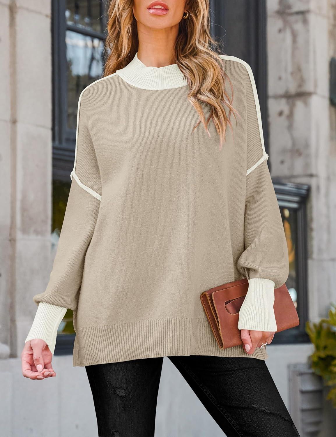 imageZESICA Womens Fall 2025 Oversized Sweaters Long Sleeve Color Block Mock Neck Side Slit Comfy Loose Knitted Pullover TopsOatmeal