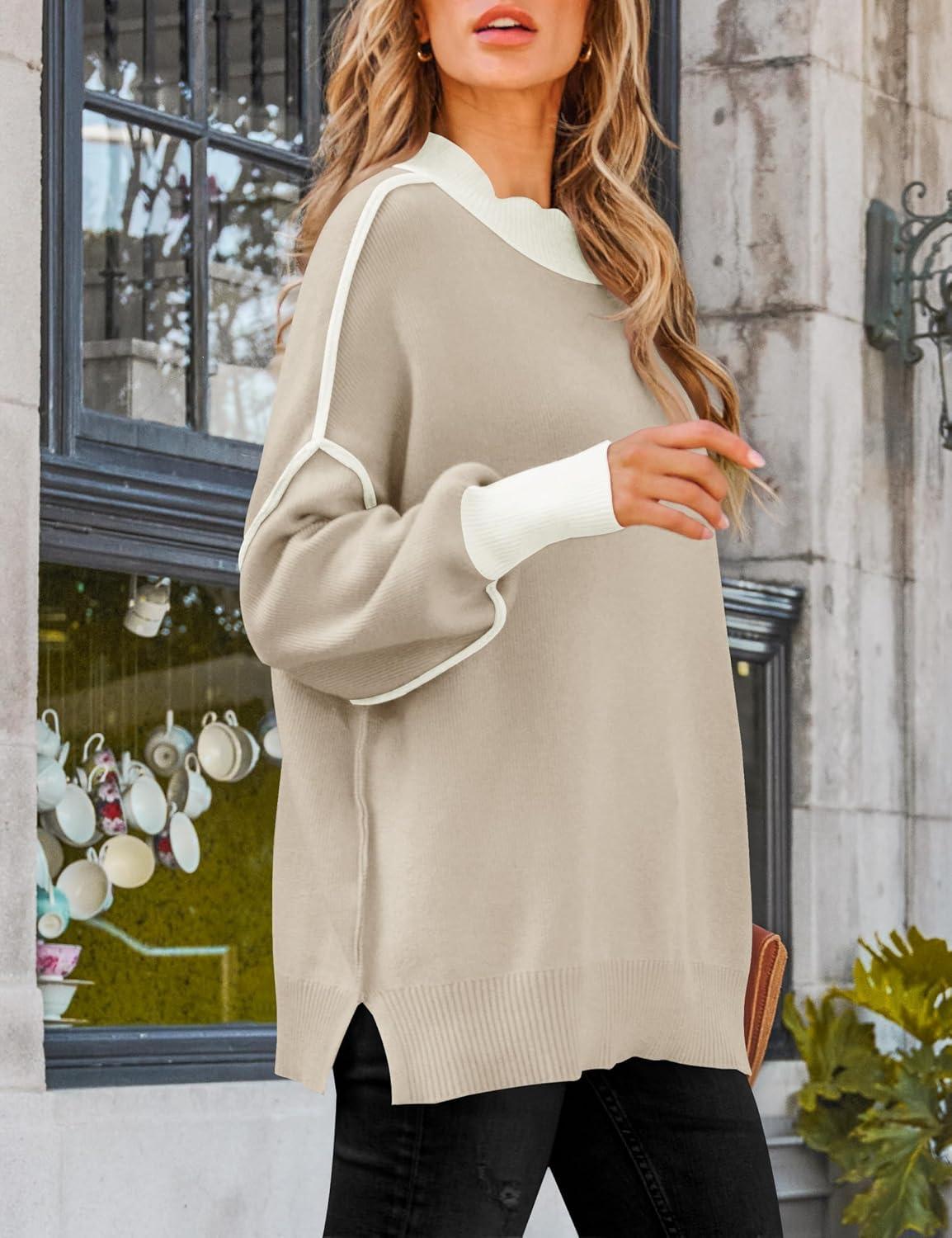 imageZESICA Womens Fall 2025 Oversized Sweaters Long Sleeve Color Block Mock Neck Side Slit Comfy Loose Knitted Pullover TopsOatmeal