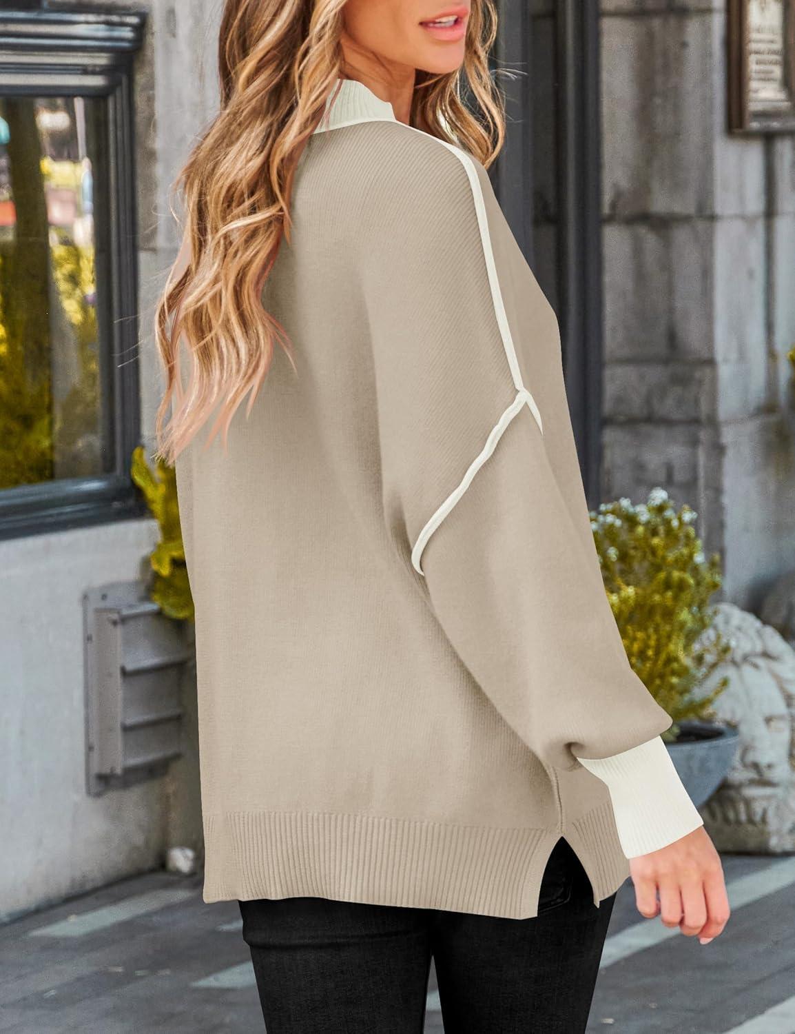 imageZESICA Womens Fall 2025 Oversized Sweaters Long Sleeve Color Block Mock Neck Side Slit Comfy Loose Knitted Pullover TopsOatmeal