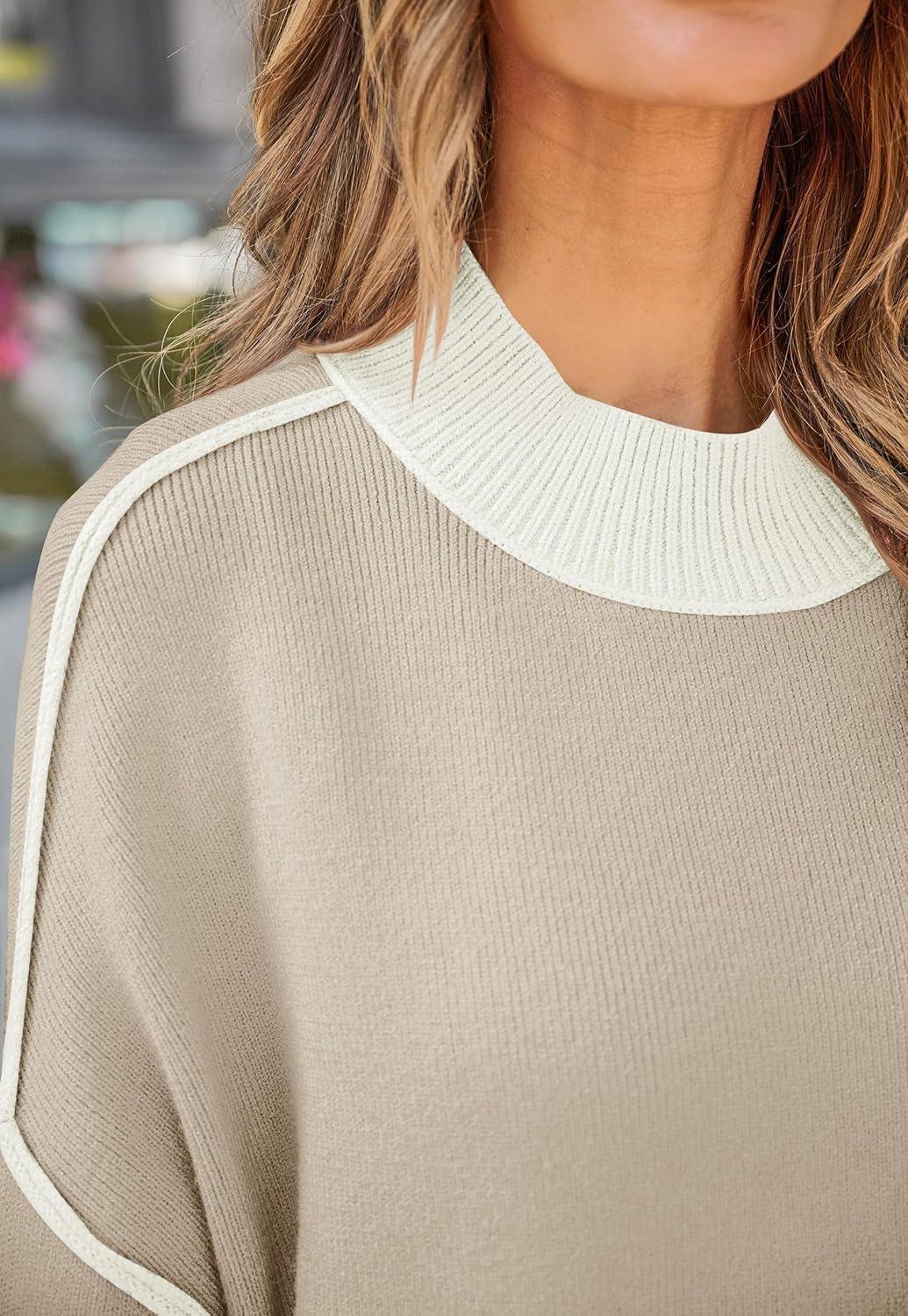 imageZESICA Womens Fall 2025 Oversized Sweaters Long Sleeve Color Block Mock Neck Side Slit Comfy Loose Knitted Pullover TopsOatmeal