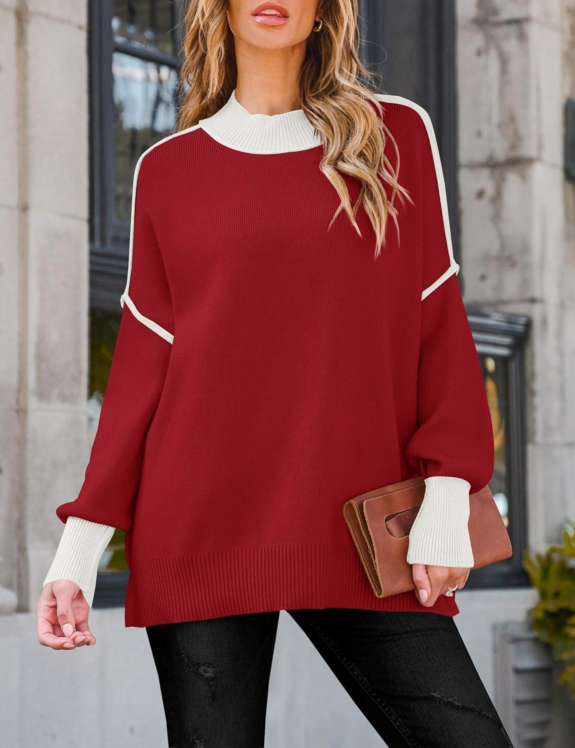 imageZESICA Womens Fall 2025 Oversized Sweaters Long Sleeve Color Block Mock Neck Side Slit Comfy Loose Knitted Pullover TopsRed