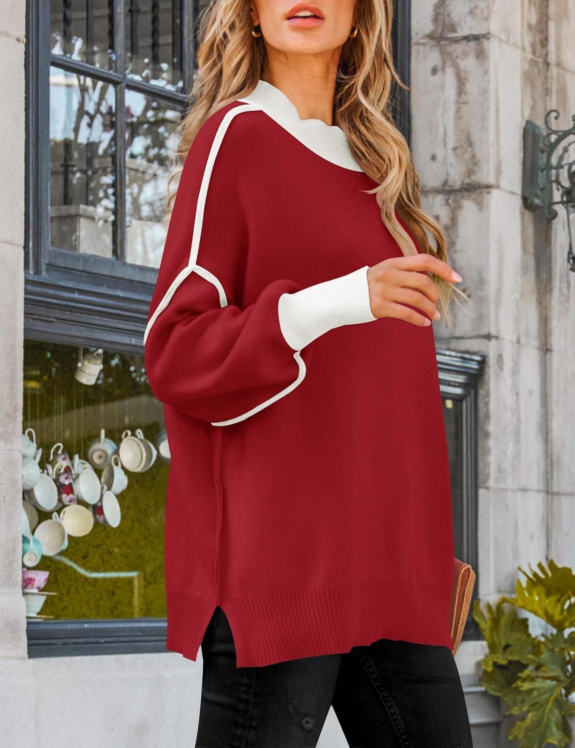 imageZESICA Womens Fall 2025 Oversized Sweaters Long Sleeve Color Block Mock Neck Side Slit Comfy Loose Knitted Pullover TopsRed