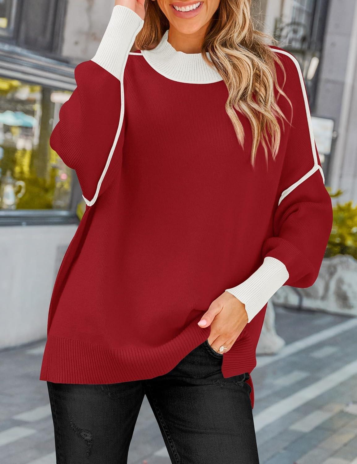 imageZESICA Womens Fall 2025 Oversized Sweaters Long Sleeve Color Block Mock Neck Side Slit Comfy Loose Knitted Pullover TopsRed