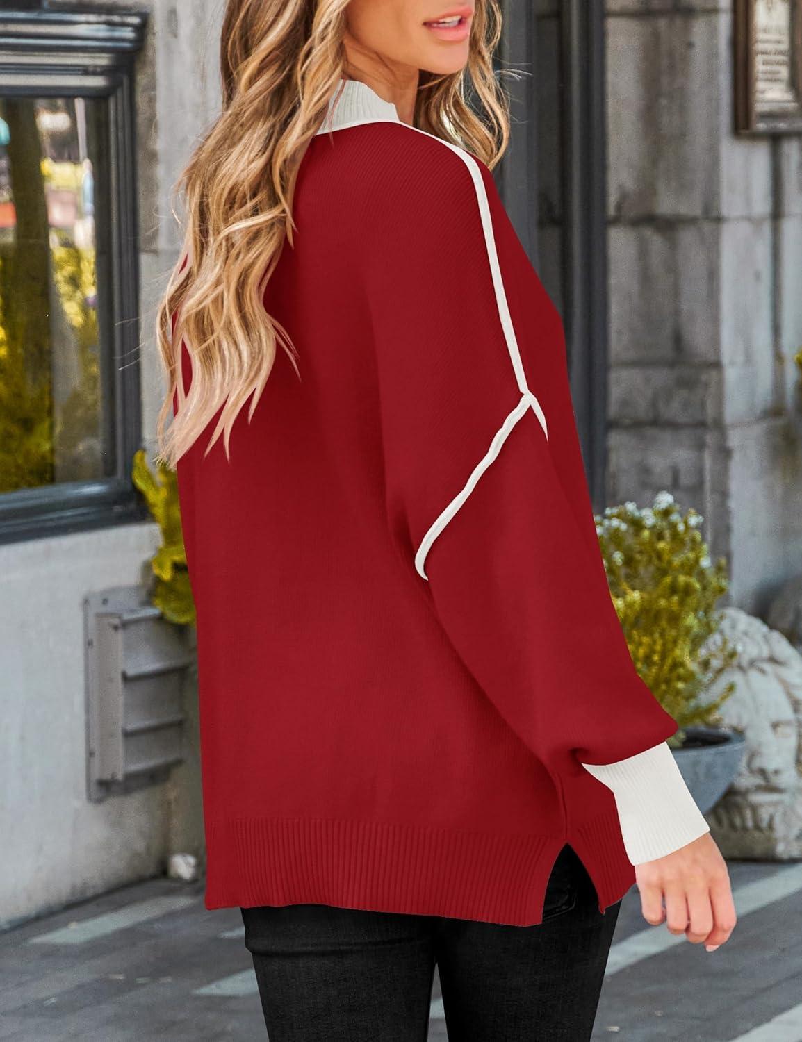 imageZESICA Womens Fall 2025 Oversized Sweaters Long Sleeve Color Block Mock Neck Side Slit Comfy Loose Knitted Pullover TopsRed