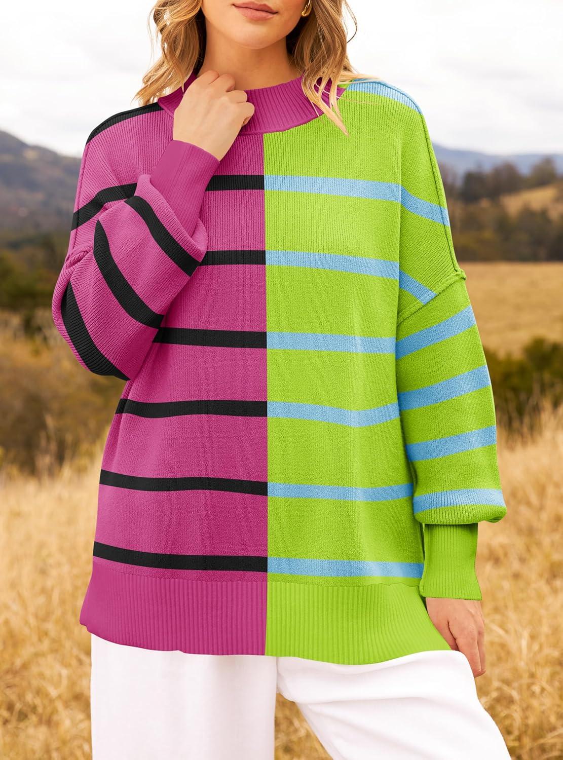 imageZESICA Womens Fall 2025 Oversized Sweaters Long Sleeve Color Block Mock Neck Side Slit Comfy Loose Knitted Pullover TopsRose