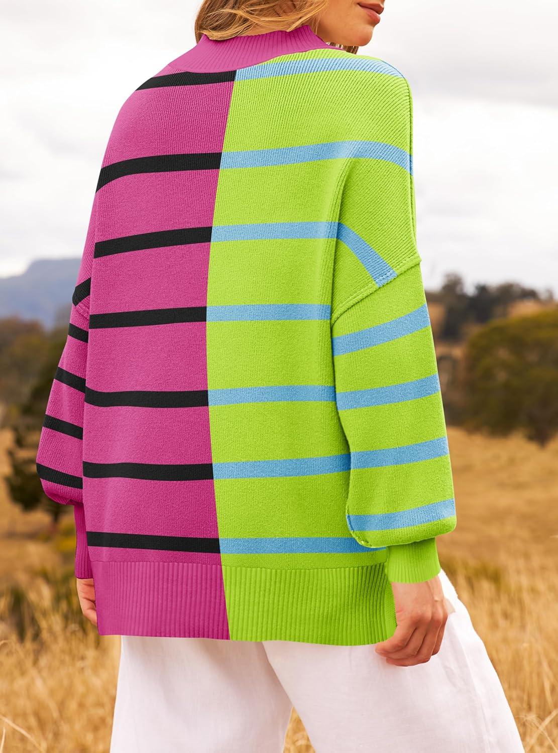 imageZESICA Womens Fall 2025 Oversized Sweaters Long Sleeve Color Block Mock Neck Side Slit Comfy Loose Knitted Pullover TopsRose