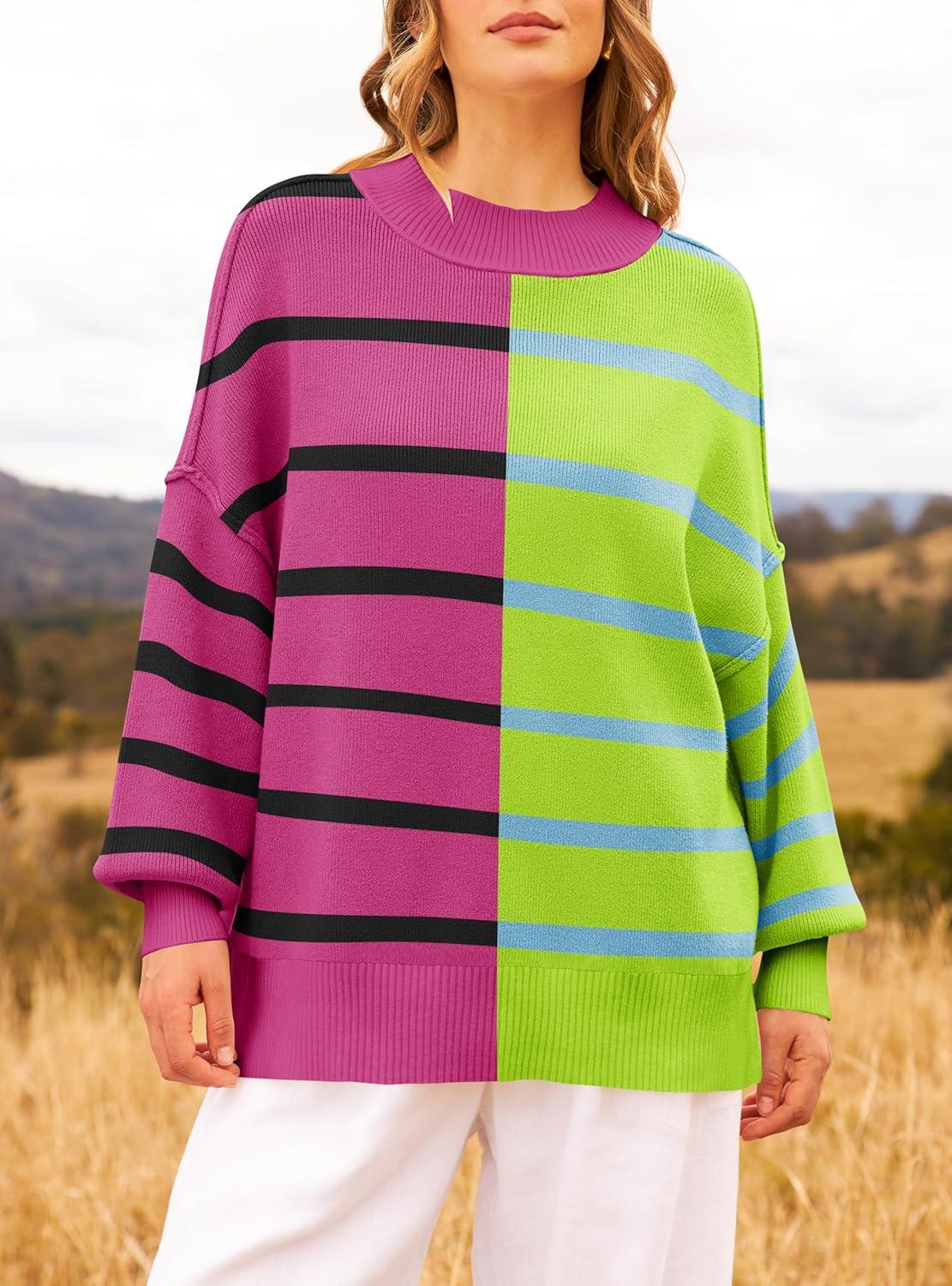 imageZESICA Womens Fall 2025 Oversized Sweaters Long Sleeve Color Block Mock Neck Side Slit Comfy Loose Knitted Pullover TopsRose