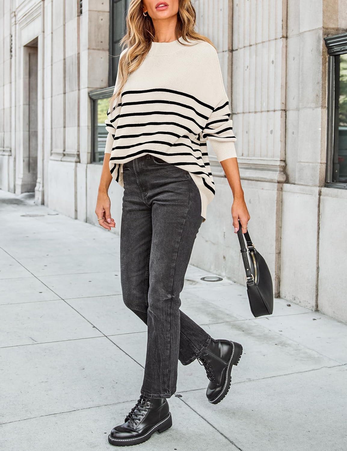 imageZESICA Womens Fall 2025 Oversized Sweaters Long Sleeve Color Block Mock Neck Side Slit Comfy Loose Knitted Pullover TopsWhite