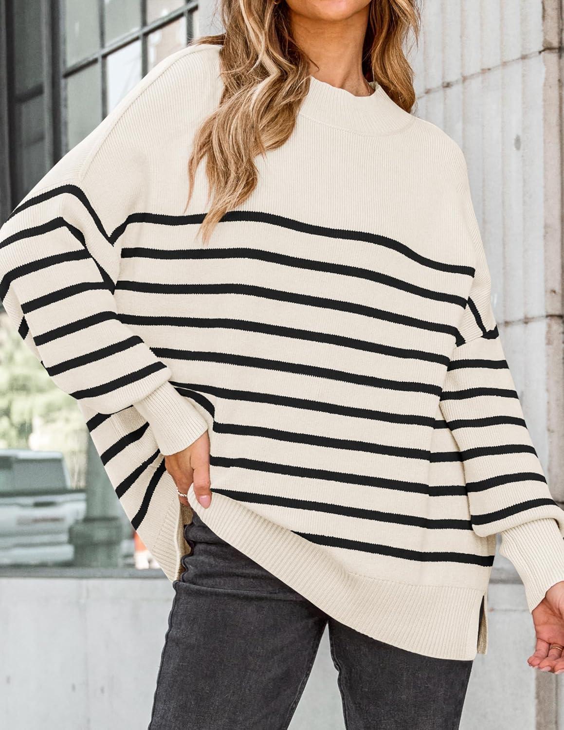 imageZESICA Womens Fall 2025 Oversized Sweaters Long Sleeve Color Block Mock Neck Side Slit Comfy Loose Knitted Pullover TopsWhite