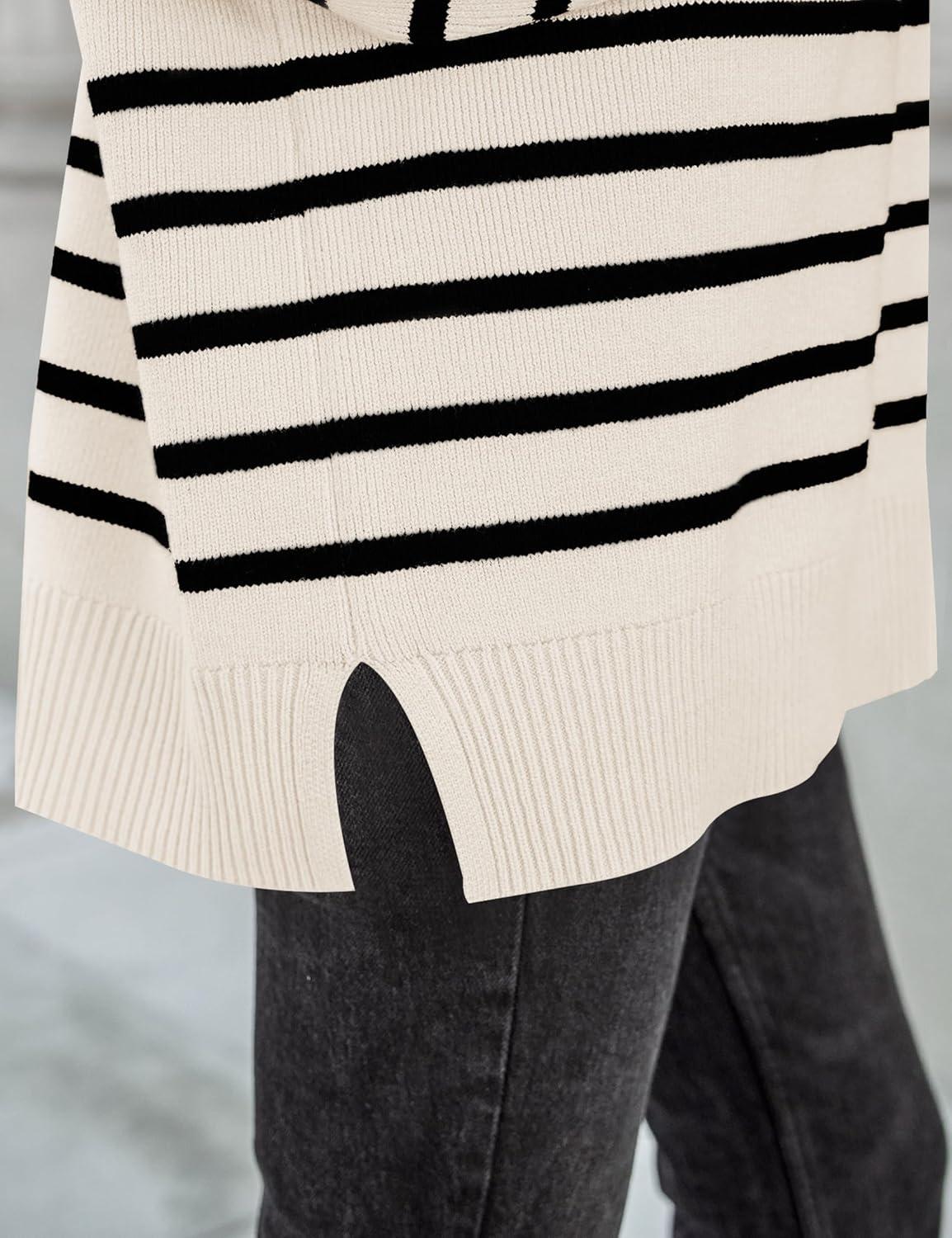 imageZESICA Womens Fall 2025 Oversized Sweaters Long Sleeve Color Block Mock Neck Side Slit Comfy Loose Knitted Pullover TopsWhite