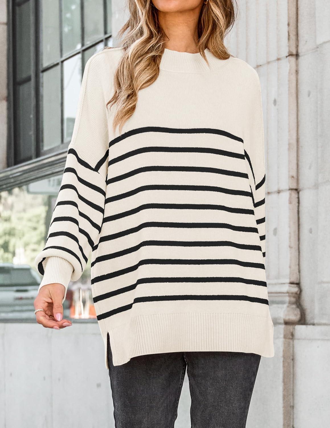 imageZESICA Womens Fall 2025 Oversized Sweaters Long Sleeve Color Block Mock Neck Side Slit Comfy Loose Knitted Pullover TopsWhite