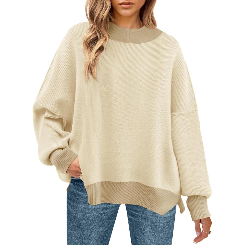 imageZESICA Womens Fall 2025 Oversized Sweaters Long Sleeve Color Block Mock Neck Side Slit Comfy Loose Knitted Pullover TopsApricot