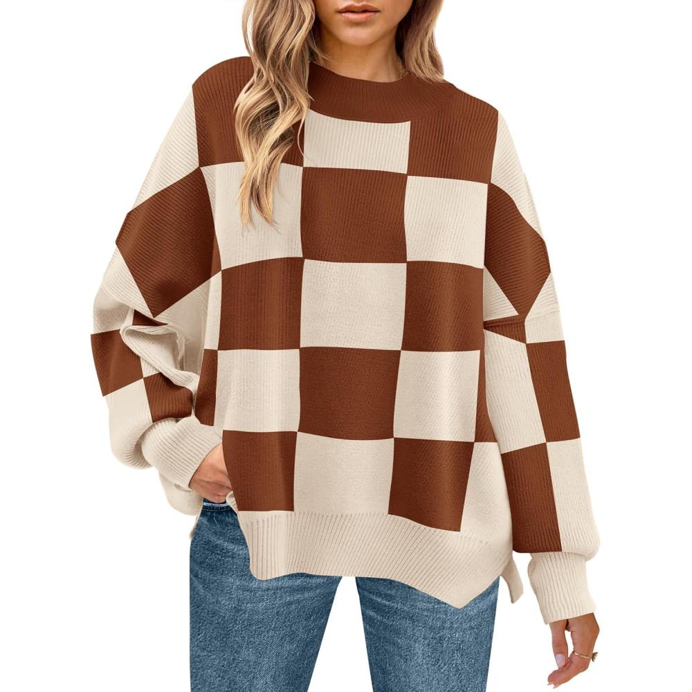 imageZESICA Womens Fall 2025 Oversized Sweaters Long Sleeve Color Block Mock Neck Side Slit Comfy Loose Knitted Pullover TopsCaramel