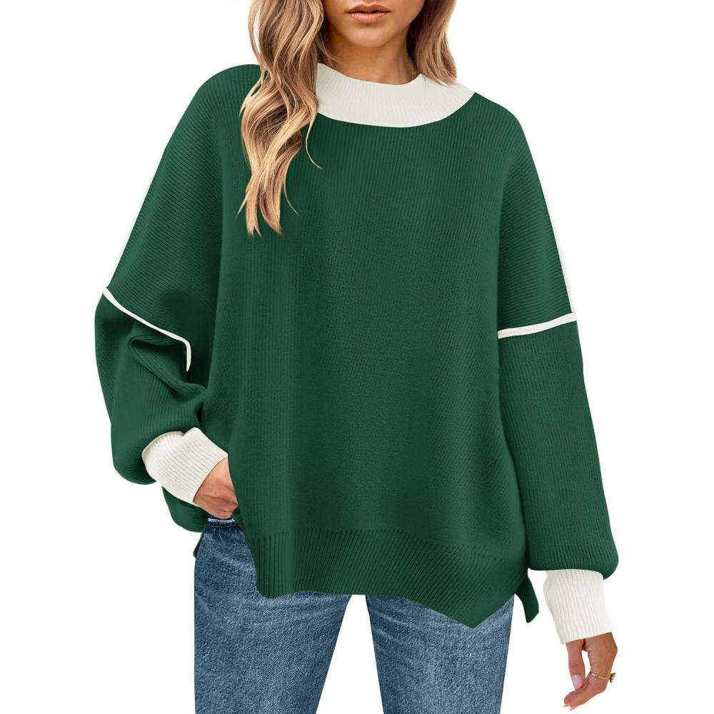 imageZESICA Womens Fall 2025 Oversized Sweaters Long Sleeve Color Block Mock Neck Side Slit Comfy Loose Knitted Pullover TopsDark Green