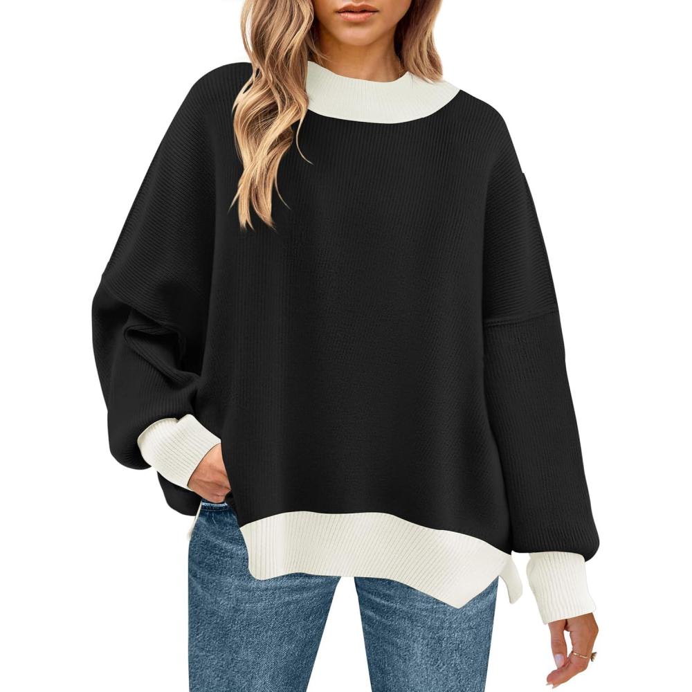 imageZESICA Womens Fall 2025 Oversized Sweaters Long Sleeve Color Block Mock Neck Side Slit Comfy Loose Knitted Pullover TopsDim