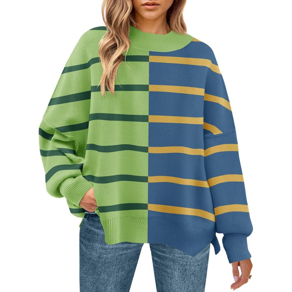 imageZESICA Womens Fall 2025 Oversized Sweaters Long Sleeve Color Block Mock Neck Side Slit Comfy Loose Knitted Pullover TopsGrass Green