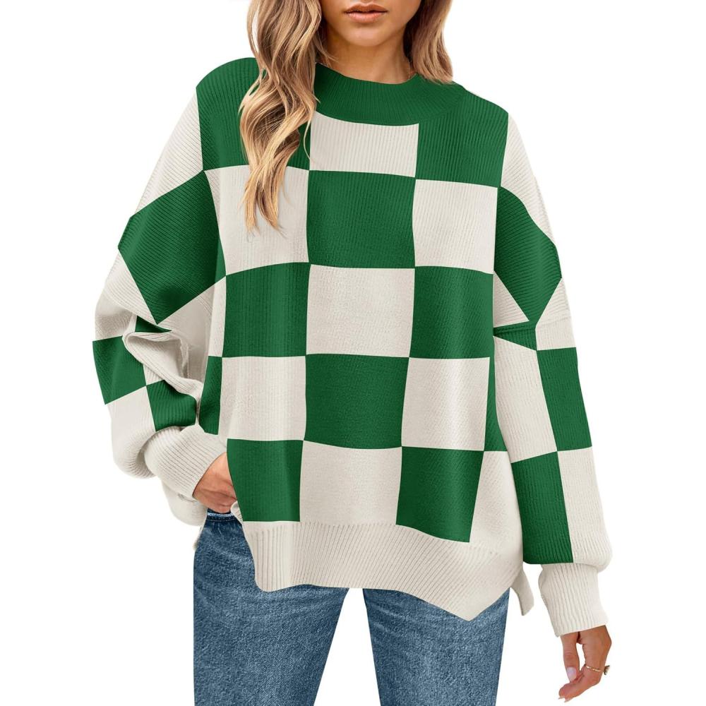 imageZESICA Womens Fall 2025 Oversized Sweaters Long Sleeve Color Block Mock Neck Side Slit Comfy Loose Knitted Pullover TopsGreen