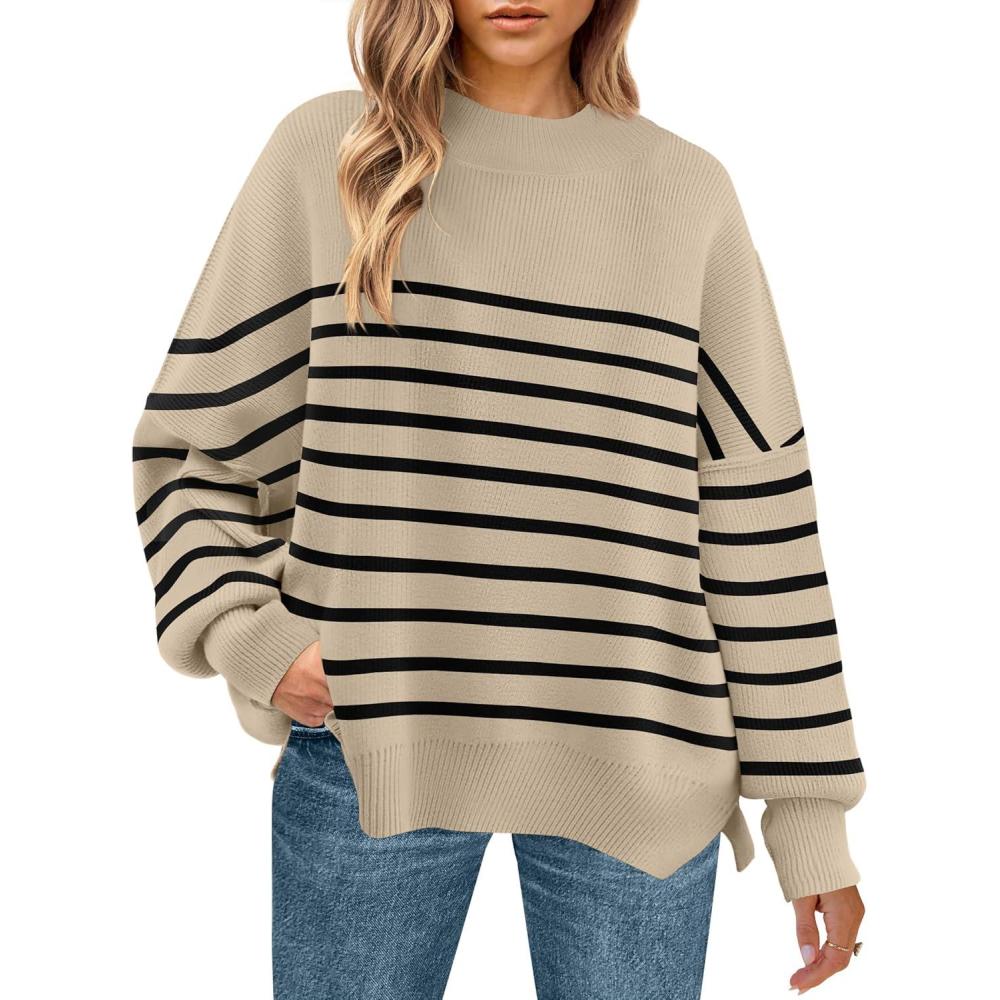 imageZESICA Womens Fall 2025 Oversized Sweaters Long Sleeve Color Block Mock Neck Side Slit Comfy Loose Knitted Pullover TopsKhaki
