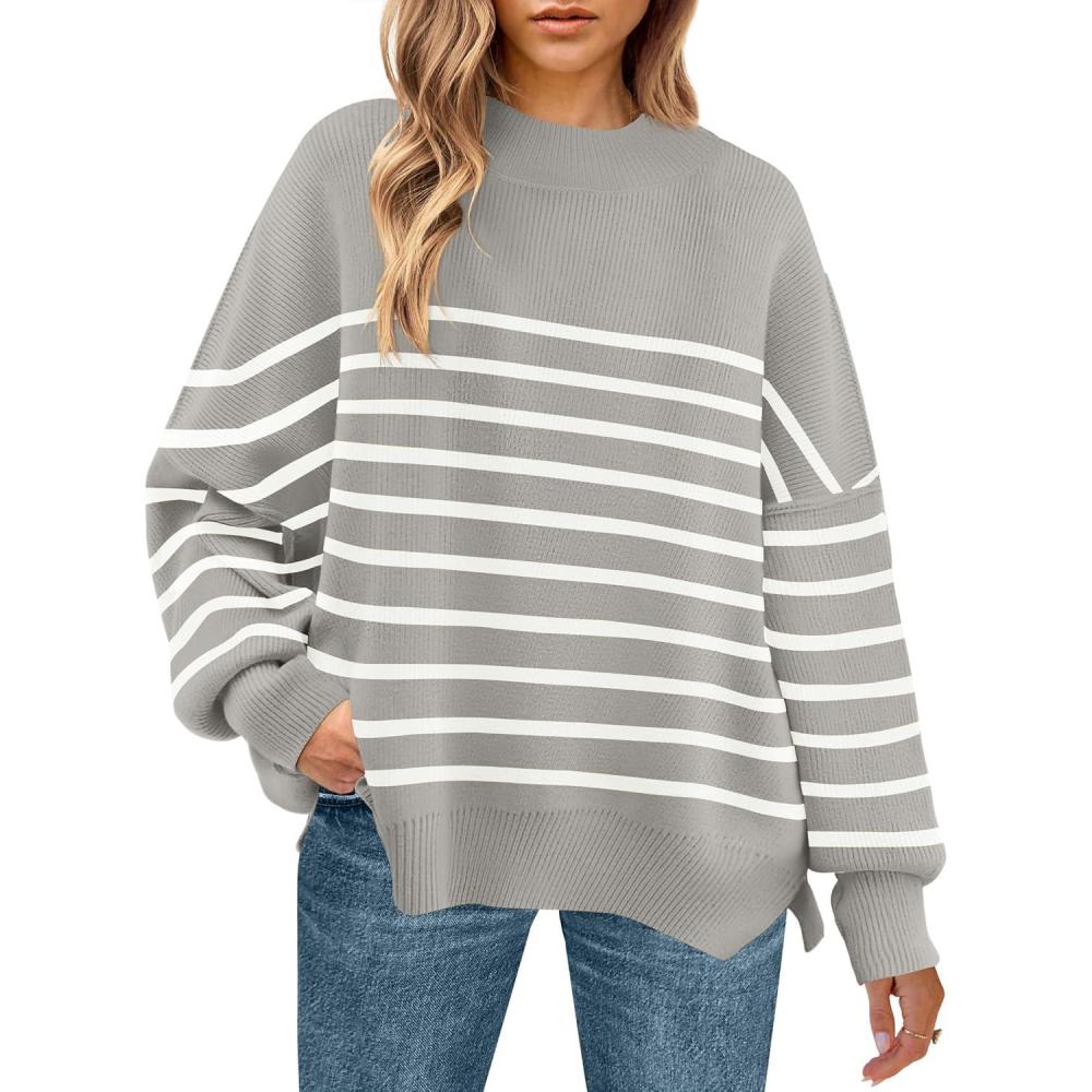 imageZESICA Womens Fall 2025 Oversized Sweaters Long Sleeve Color Block Mock Neck Side Slit Comfy Loose Knitted Pullover TopsLight Grey