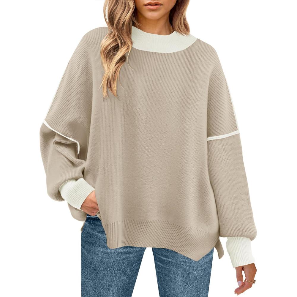 imageZESICA Womens Fall 2025 Oversized Sweaters Long Sleeve Color Block Mock Neck Side Slit Comfy Loose Knitted Pullover TopsOatmeal
