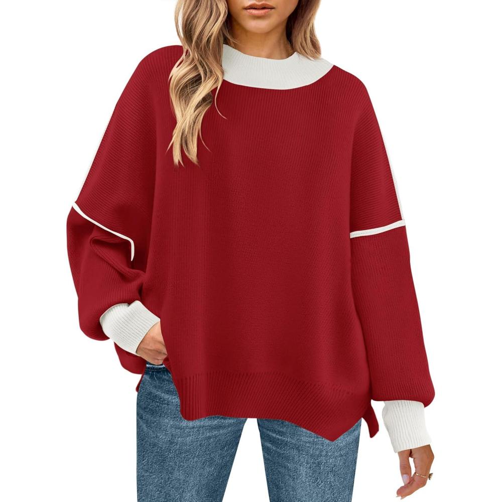 imageZESICA Womens Fall 2025 Oversized Sweaters Long Sleeve Color Block Mock Neck Side Slit Comfy Loose Knitted Pullover TopsRed