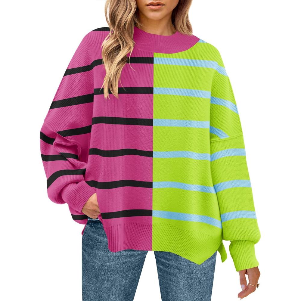imageZESICA Womens Fall 2025 Oversized Sweaters Long Sleeve Color Block Mock Neck Side Slit Comfy Loose Knitted Pullover TopsRose