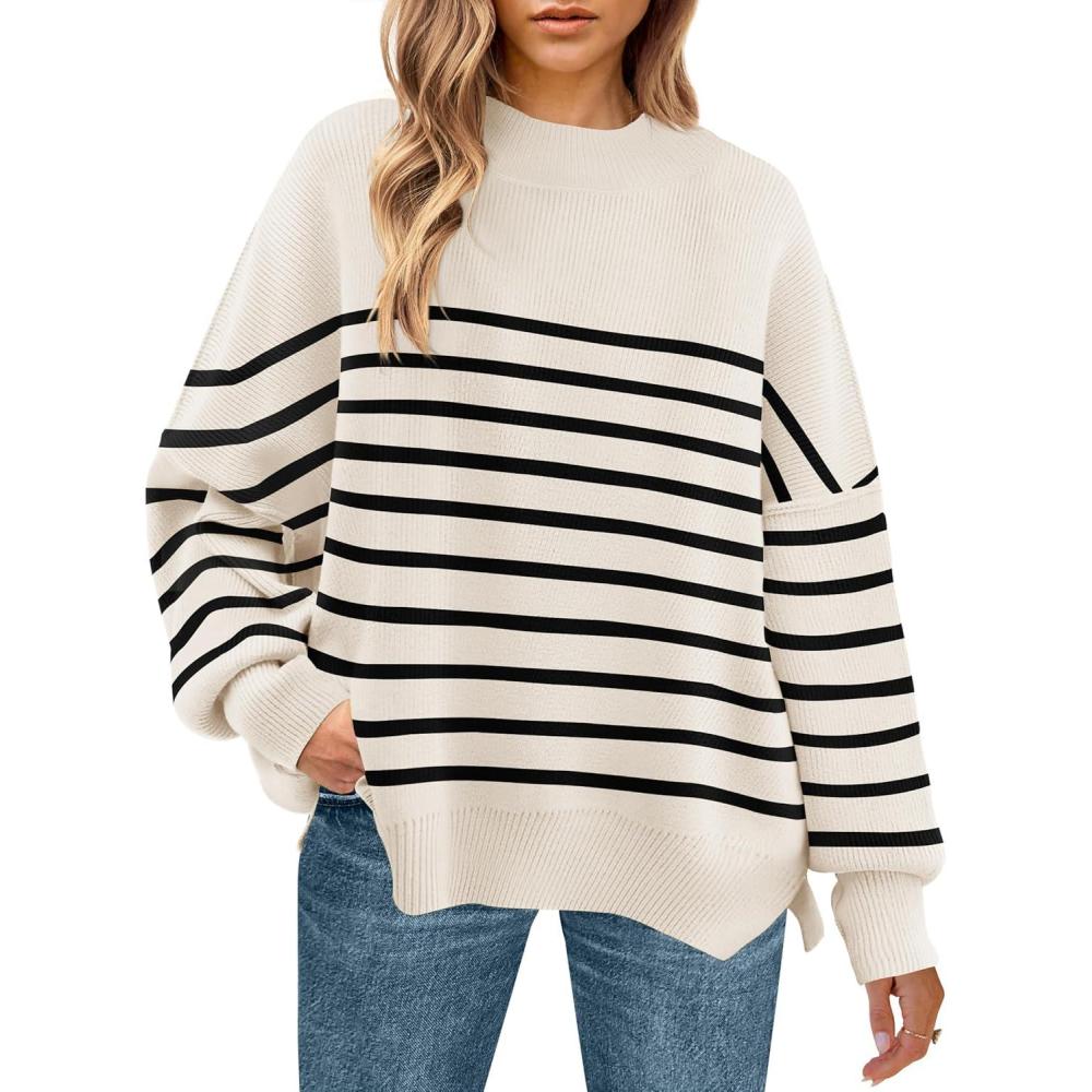 imageZESICA Womens Fall 2025 Oversized Sweaters Long Sleeve Color Block Mock Neck Side Slit Comfy Loose Knitted Pullover TopsWhite