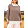 imageZESICA Womens Fall 2025 Oversized Sweaters Long Sleeve Color Block Mock Neck Side Slit Comfy Loose Knitted Pullover TopsAlmond