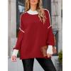 imageZESICA Womens Fall 2025 Oversized Sweaters Long Sleeve Color Block Mock Neck Side Slit Comfy Loose Knitted Pullover TopsRed