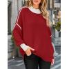 imageZESICA Womens Fall 2025 Oversized Sweaters Long Sleeve Color Block Mock Neck Side Slit Comfy Loose Knitted Pullover TopsRed